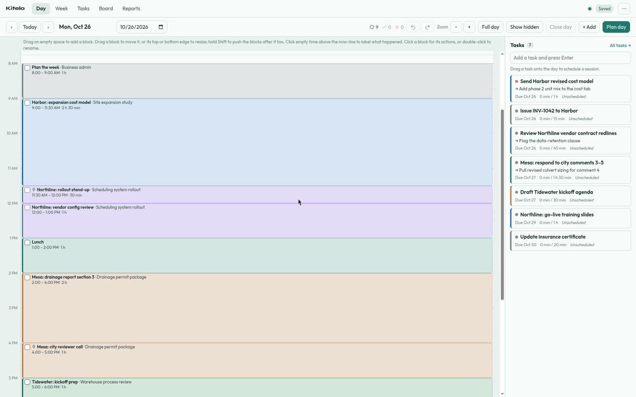 Kitelo day view showing a consultant's planned Monday and open tasks